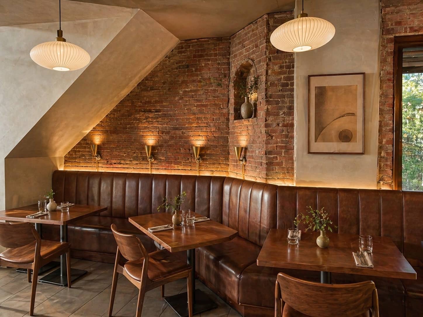 Walnut tables and a leather banquette beneath warm lights