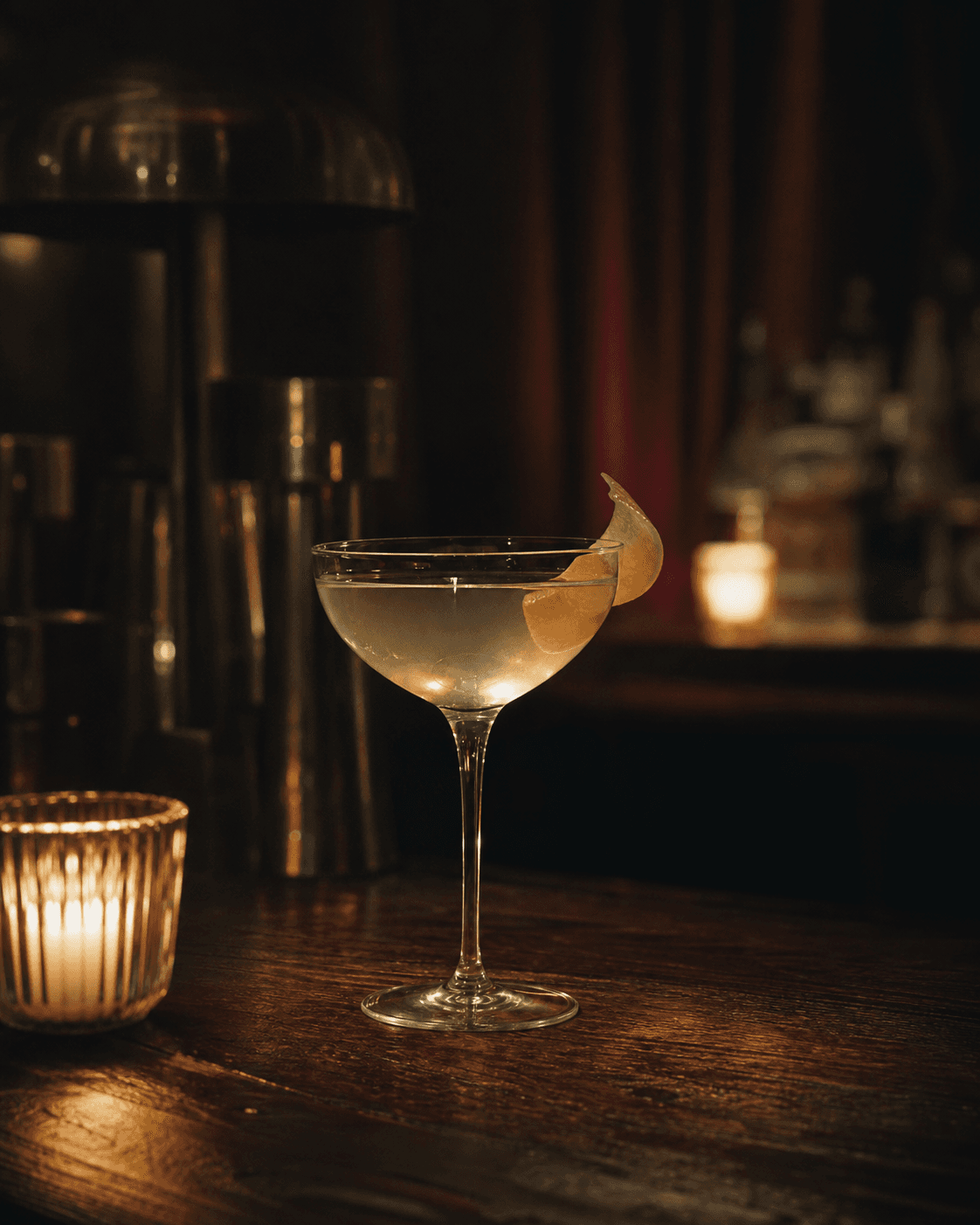 A coupe cocktail catching warm bar light on a walnut bar