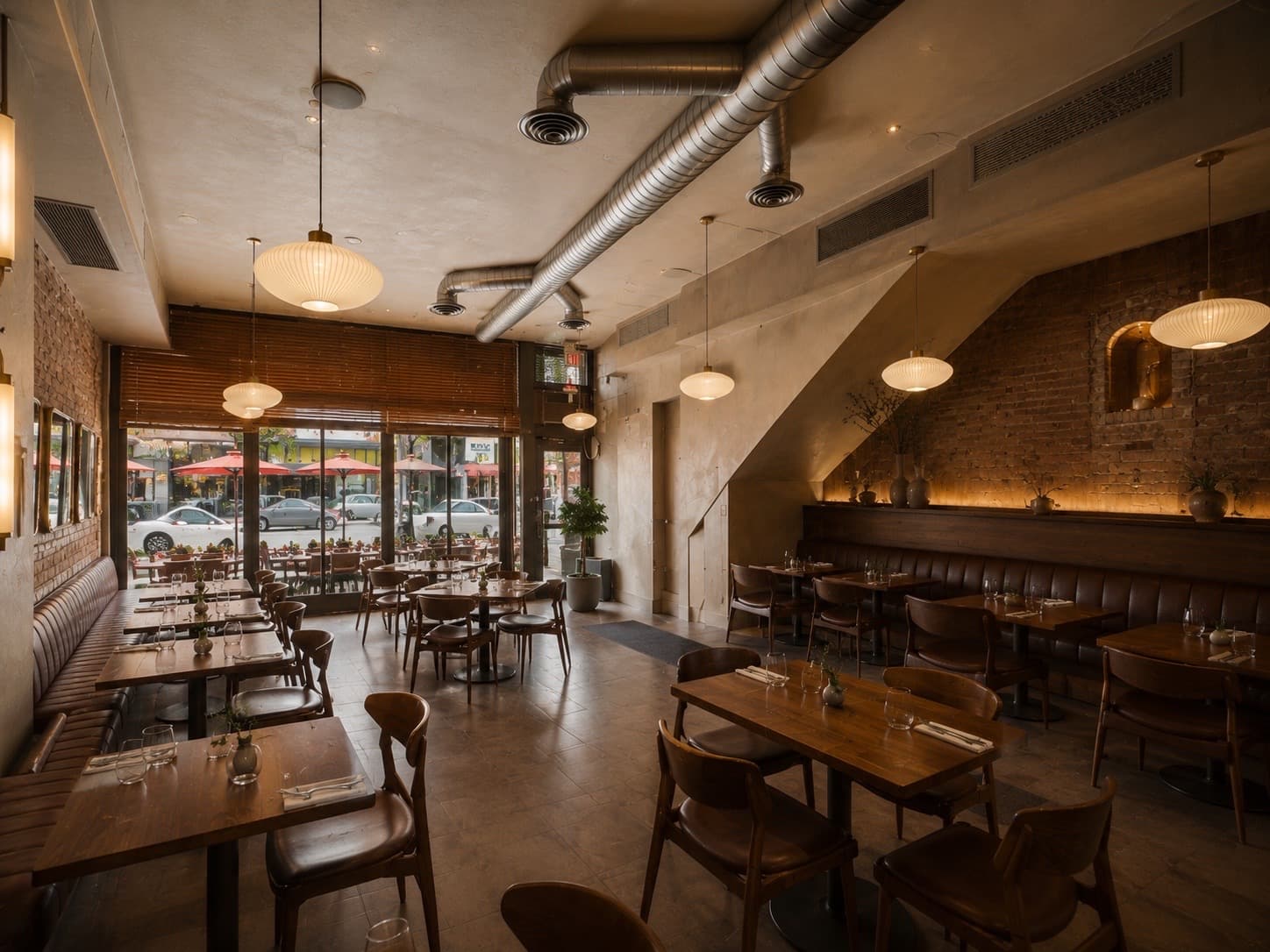 Warm lights and set walnut tables inside Le Yard