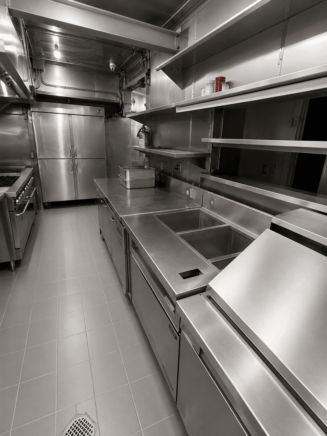 The polished preparation pass in Le Yard’s kitchen