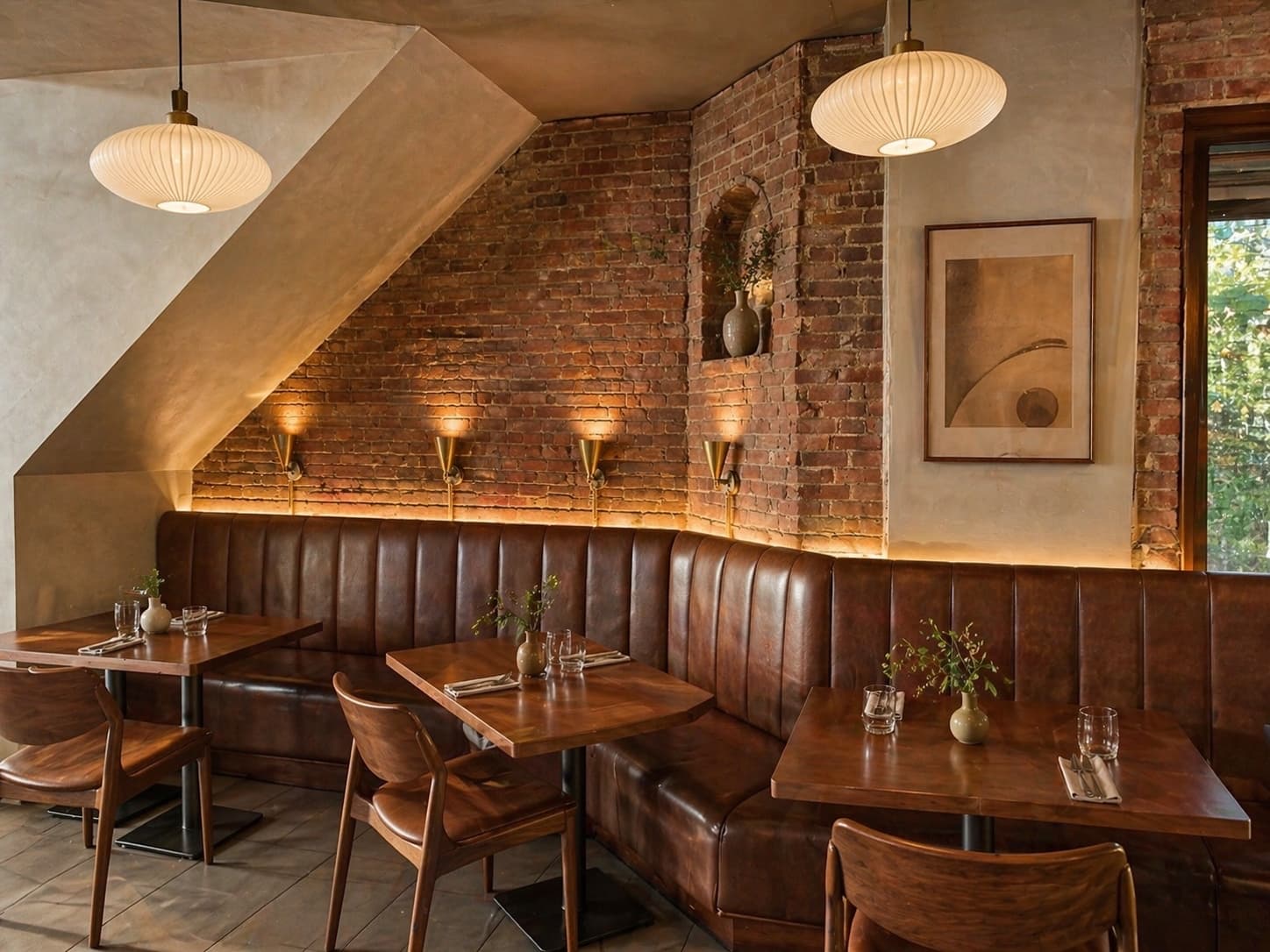 Leather banquette seating beneath warm brass lights at Le Yard