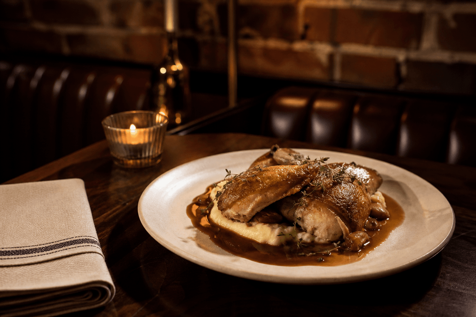 Roast chicken with pommes purée and jus